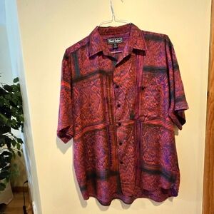 Rare, Vintage Shah Safari Shirt, Vibrant Abstract Print, Bold 90s Vibes, Size L